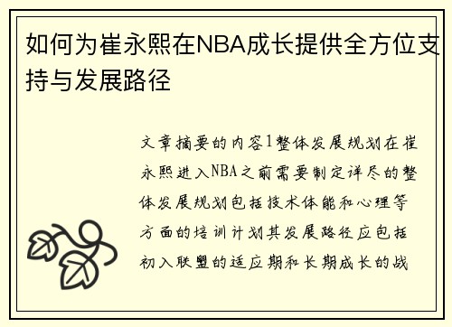 如何为崔永熙在NBA成长提供全方位支持与发展路径